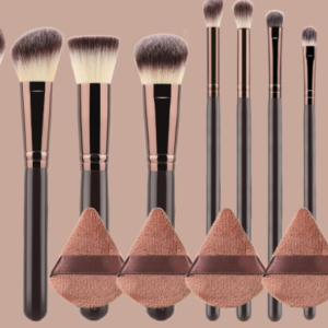 14-Piece Cosmetic Brush Set with Dense Soft Bristles and Triangle Puffs