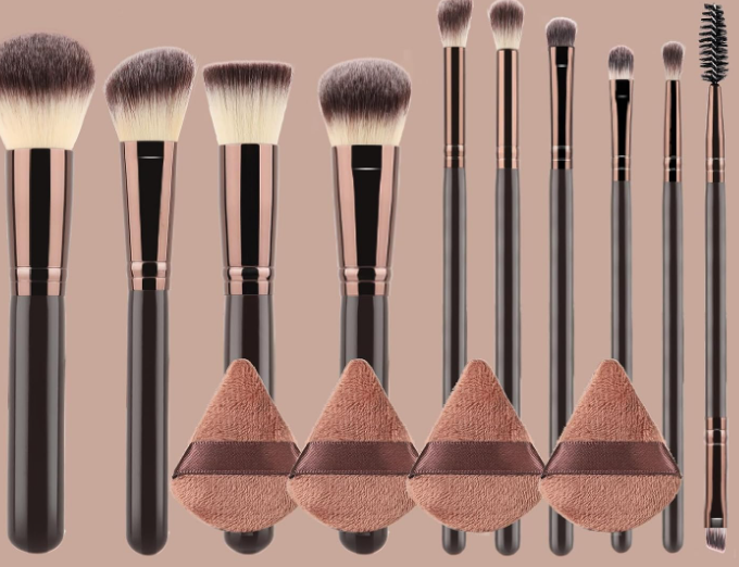 14-Piece Cosmetic Brush Set with Dense Soft Bristles and Triangle Puffs