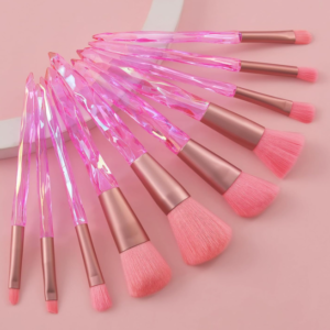 10-Piece Pink Crystal Makeup Brush Set for Foundation, Concealer, Powder, and Eye Makeup