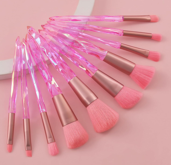 10-Piece Pink Crystal Makeup Brush Set for Foundation, Concealer, Powder, and Eye Makeup
