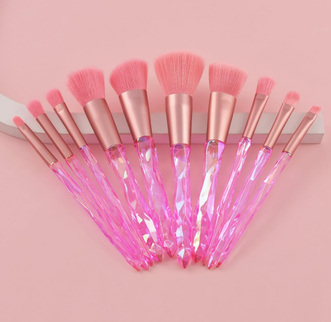 10-Piece Pink Crystal Makeup Brush Set for Foundation, Concealer, Powder, and Eye Makeup - Image 2